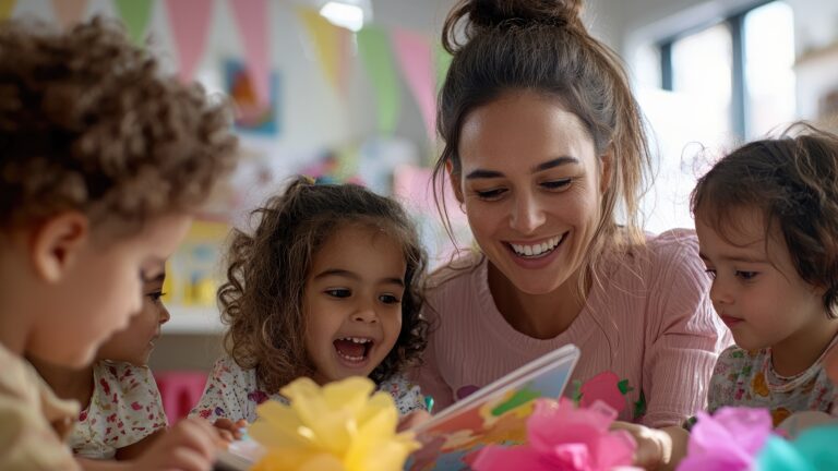 Lächelnde Erzieherin, die sich während der Spielzeit mit unterschiedlichen Vorschulkindern beschäftigt