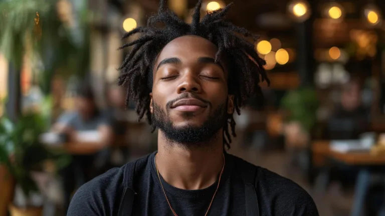 Ein Mann mit Dreadlocks übt in einer angenehmen Innenumgebung tiefes Atmen und Achtsamkeit, was ihm hilft, Spannungen abzubauen und sich zu entspannen.